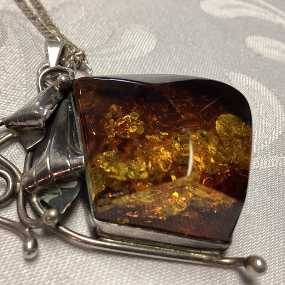 Vintage Amber  Sterling Silver Pendant/Chain  HUGE. I MEAN HUGE. STUNNING - Picture 2 of 14
